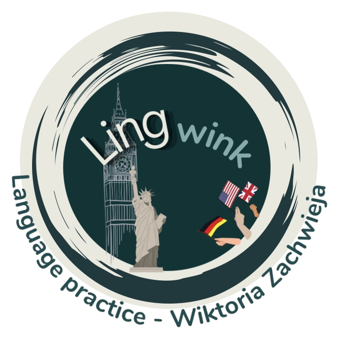 Logo LingWink z wieżą Big Ben, flagami językowymi i podpisem Wiktoria Zachwieja